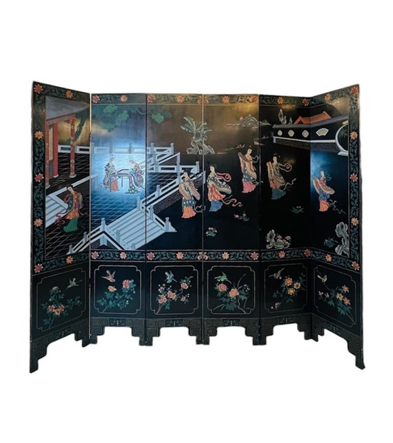 Image 1 of  Screen With 6 Panels In Lacquered And Carved Wood - Double-Sided Decorations - China - Circa 1950