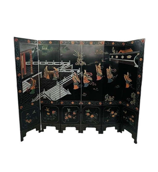  Screen With 6 Panels In Lacquered And Carved Wood - Double-Sided Decorations - China - Circa 1950