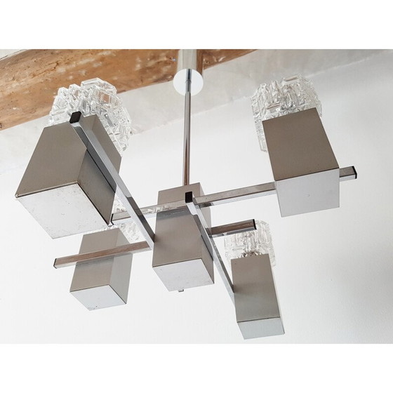 Image 1 of Lámpara de techo de cristal y acero - años 70