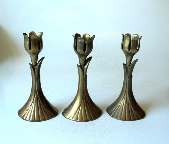 Image 1 of 3x Great Mid - Century candle holders made of solid brass