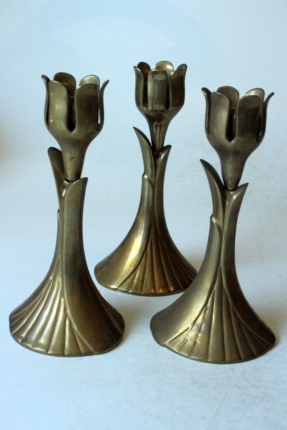 Image 1 of 3x Great Mid - Century candle holders made of solid brass