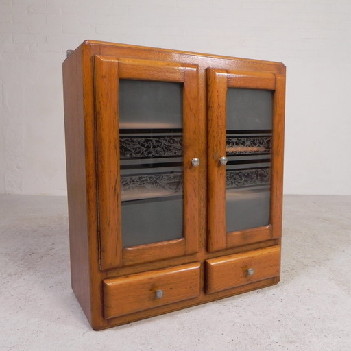 Wall Cabinet With 2 Doors With Figure Glass And 2 Drawers, 1950s