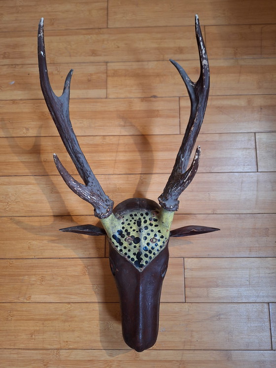 Image 1 of Solid Wood Deer Head With Real Antlers, Java, Indonesia