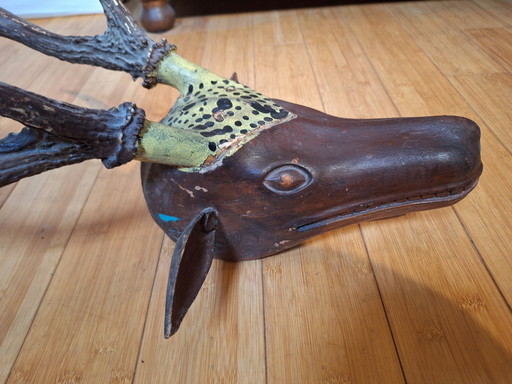 Solid Wood Deer Head With Real Antlers, Java, Indonesia