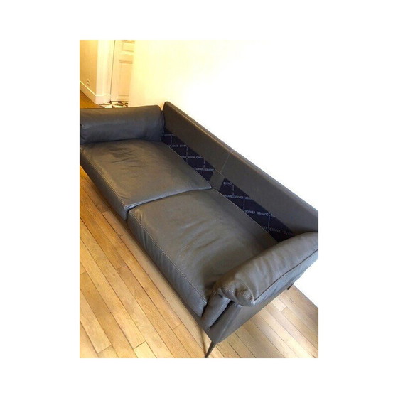 Image 1 of Vintage 2-seater sofa "Hélium" in gray cowhide leather and black metal for Duvivier, France