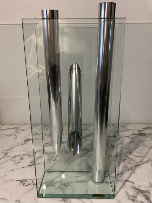 Lisa Mori Vase From Inn Kristall . Origin Austria. Crystal, Glass , Aluminum. Height 39Cm, Width 17Cm, Depth 9Cm.