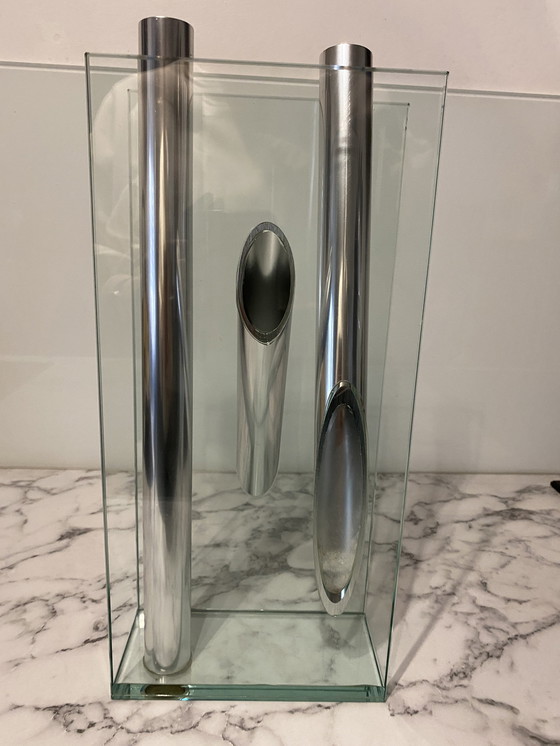 Image 1 of Lisa Mori Vase From Inn Kristall . Origin Austria. Crystal, Glass , Aluminum. Height 39Cm, Width 17Cm, Depth 9Cm.