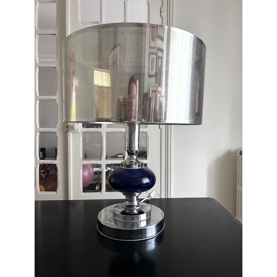 Image 1 of Lampada vintage in metallo cromato e lacca blu per Maison le Dauphin, 1970
