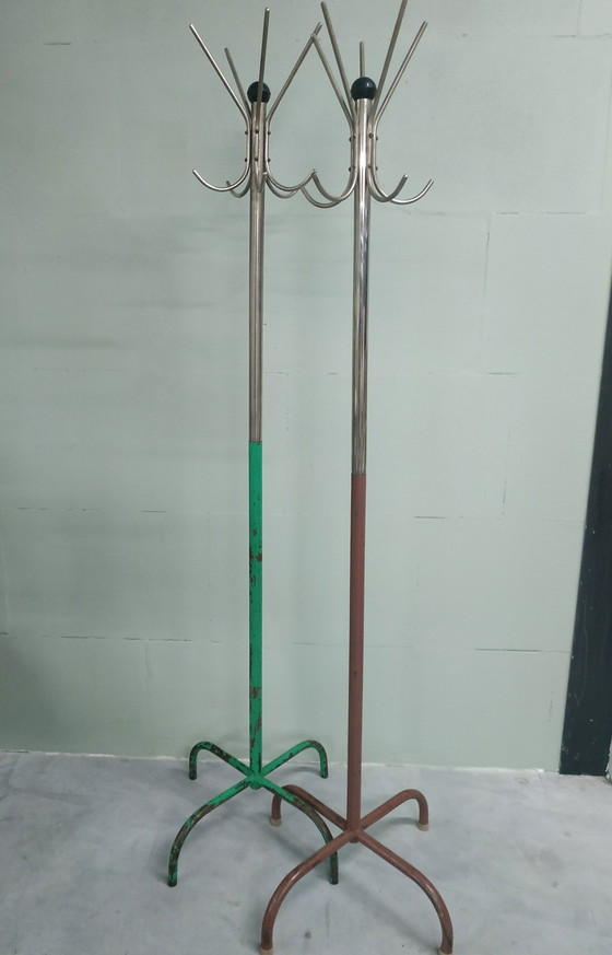 Image 1 of Vintage Industrial Metal Chrome Coat Rack (2 Pieces/Colors Present)