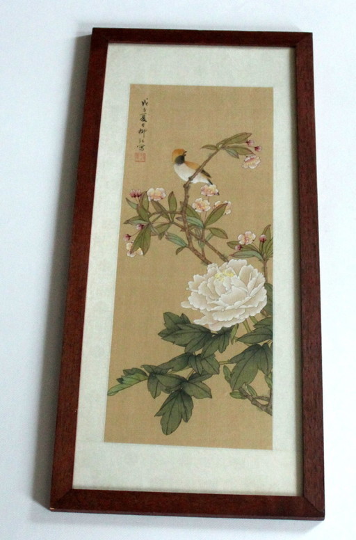 Hand Painted Japanese Mural - Cherry Blossom With Bird - Professionally Framed