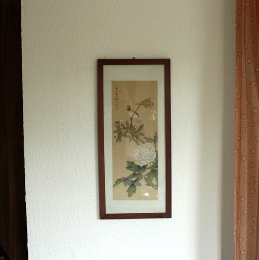 Hand Painted Japanese Mural - Cherry Blossom With Bird - Professionally Framed