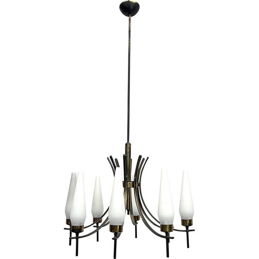 Vintage 8-light chandelier in brass and opaline glass, Italy 1950