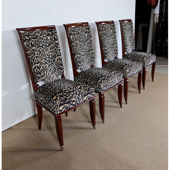 Image 1 of Set of 4 vintage solid beechwood and leopard print chairs, 1960s