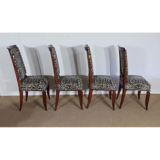 Image 1 of Set of 4 vintage solid beechwood and leopard print chairs, 1960s