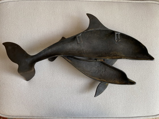 Image 1 of Bronze Wall Decoration Of 2 Dolphins From 1950/1960