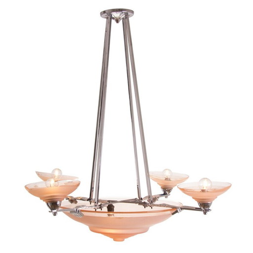 Lampadario vintage in vetro rosa di Muller Freres, Francia 1930