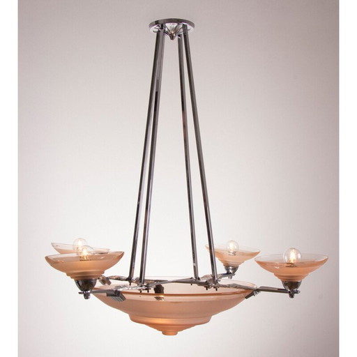 Lampadario vintage in vetro rosa di Muller Freres, Francia 1930