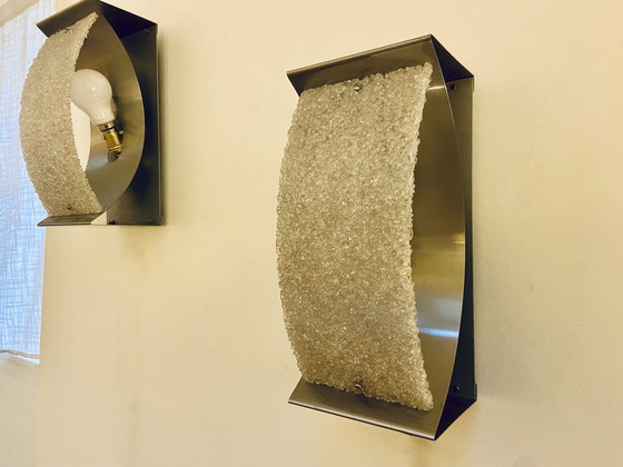 Image 1 of Pair Of Brushed Steel And Perspex Wall Lights, Circa 1970.