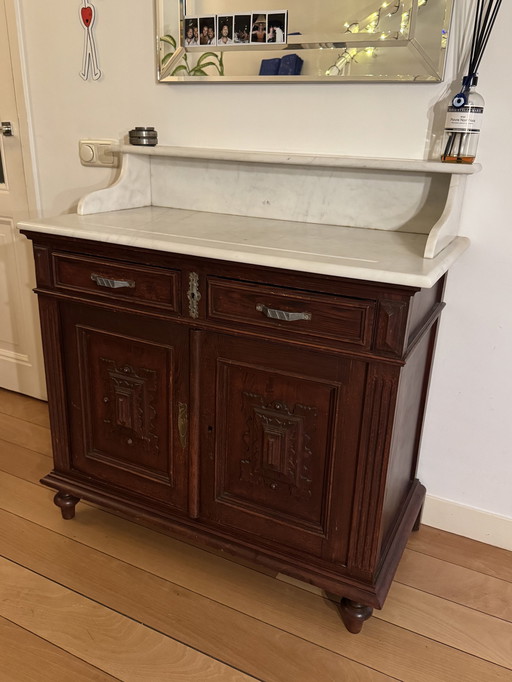 Antique Wooden French Sideboard With Marble Countertop