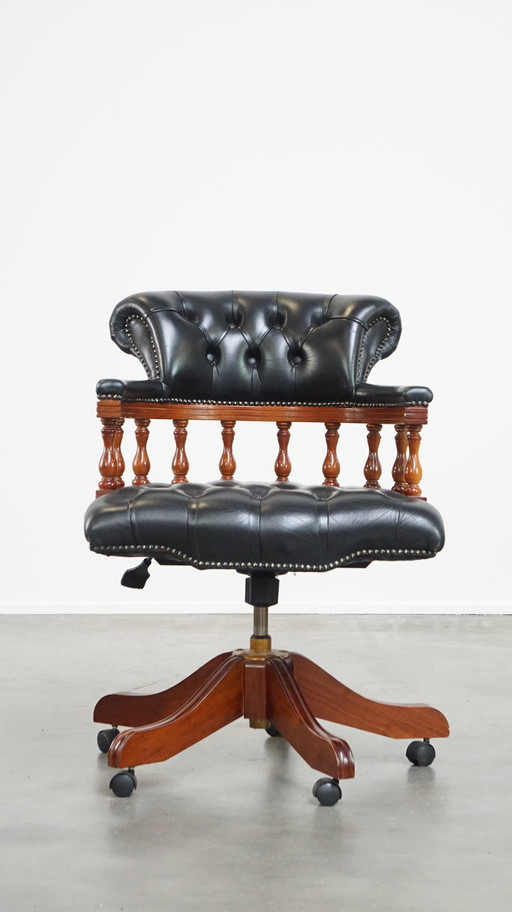 Dark Blue Cowhide Leather Chesterfield Office Chair