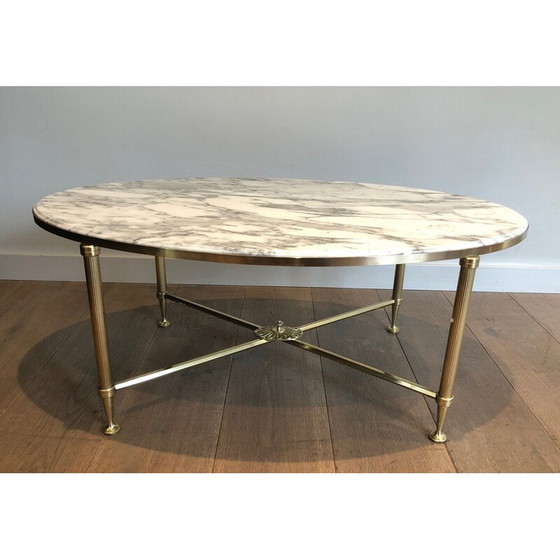 Image 1 of Vintage oval coffee table in brass and Carrara marble by Maison Jansen