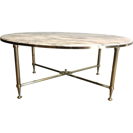 Vintage oval coffee table in brass and Carrara marble by Maison Jansen