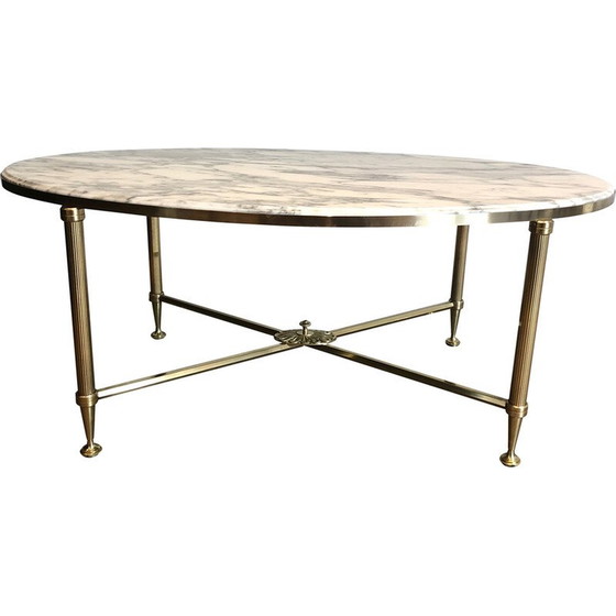 Image 1 of Vintage oval coffee table in brass and Carrara marble by Maison Jansen