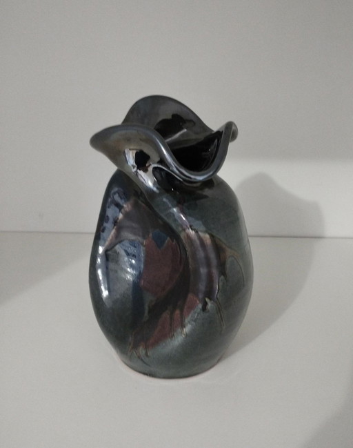 Signed Vintage Enameled Buxo Asymmetrical Freeform Vase