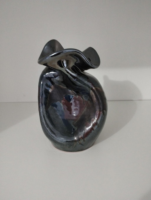 Signed Vintage Enameled Buxo Asymmetrical Freeform Vase