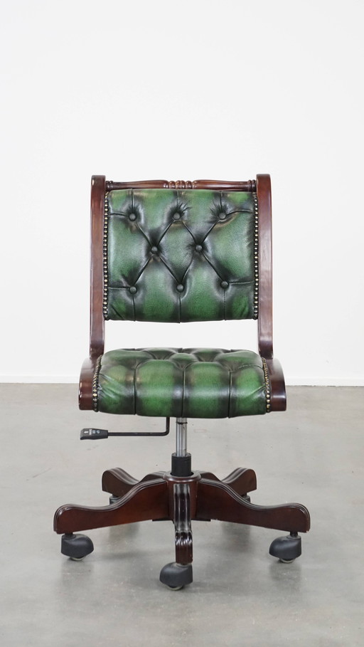 Green Cowhide Leather Chesterfield Office Chair On Wheels