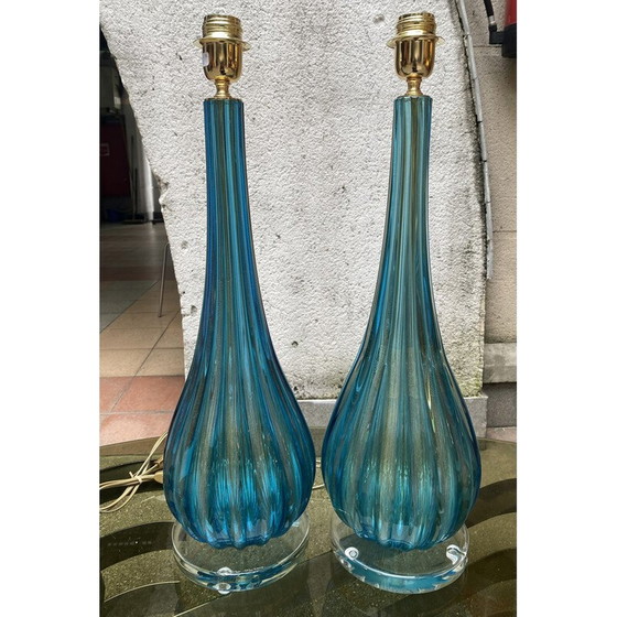 Image 1 of Coppia di lampade vintage in vetro di Murano blu e oro di Toso