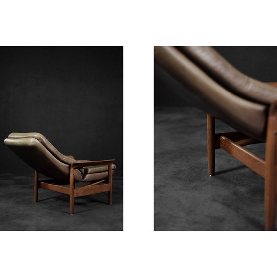 Image 1 of Vintage armchair in teak wood and brown leather, Denmark 1960