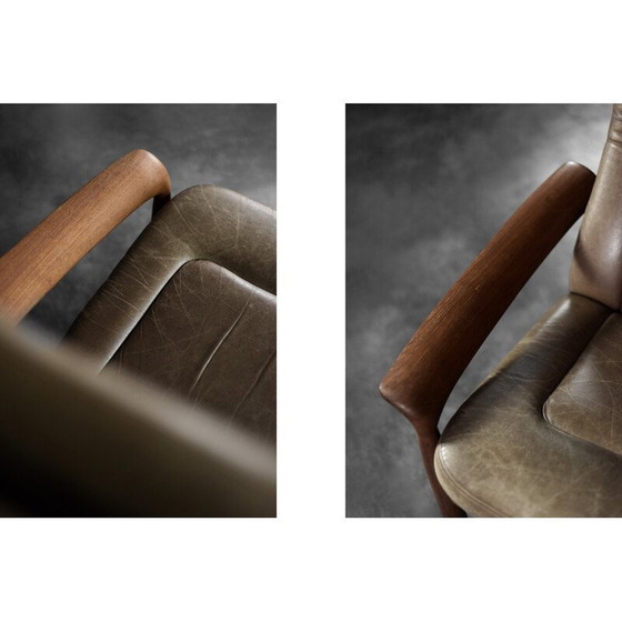 Image 1 of Vintage armchair in teak wood and brown leather, Denmark 1960
