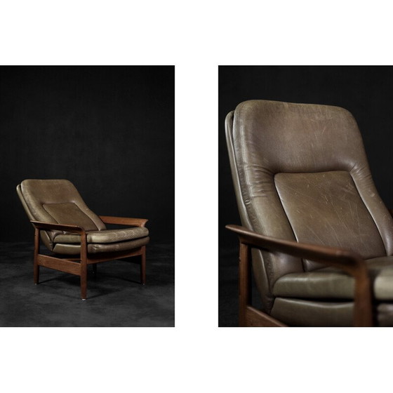 Image 1 of Vintage armchair in teak wood and brown leather, Denmark 1960