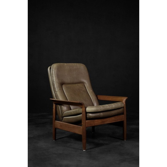Image 1 of Vintage armchair in teak wood and brown leather, Denmark 1960