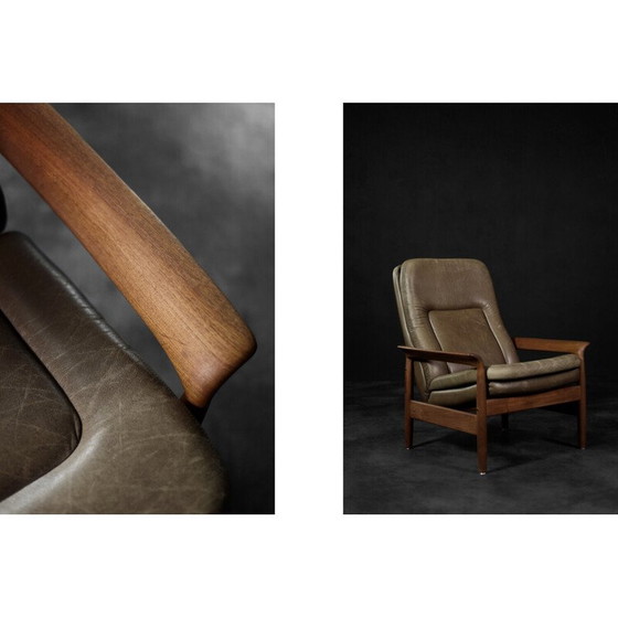 Image 1 of Vintage armchair in teak wood and brown leather, Denmark 1960