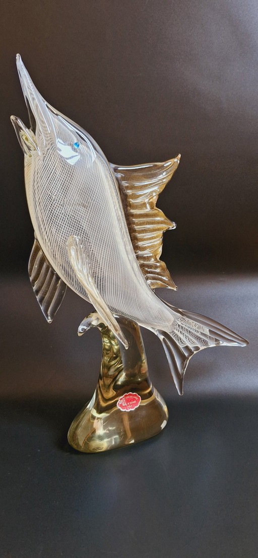 Mid-Century Murano Glass Filigrana Swordfish With Gold Leaves 