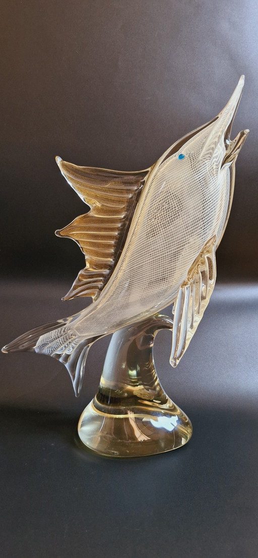 Mid-Century Murano Glass Filigrana Swordfish With Gold Leaves 