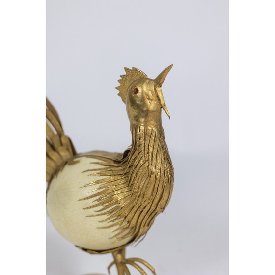 Image 1 of Vintage ostrich egg and gilt brass rooster, 1970