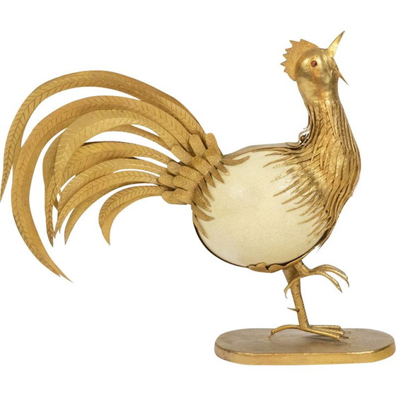 Image 1 of Vintage ostrich egg and gilt brass rooster, 1970