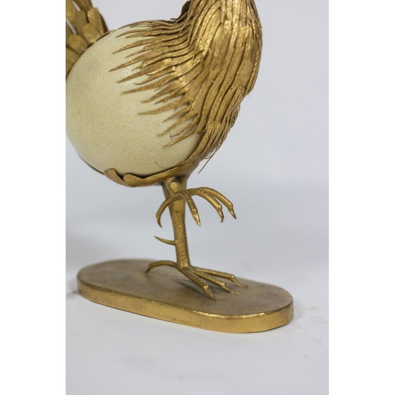 Image 1 of Vintage ostrich egg and gilt brass rooster, 1970