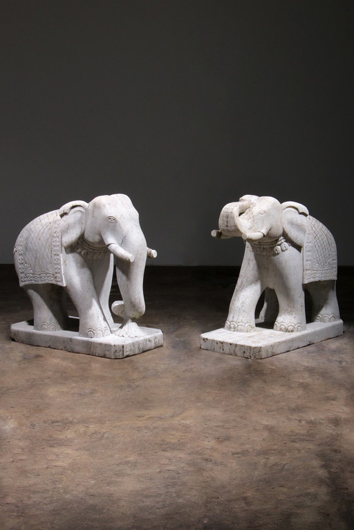 Handcrafted 2 Large Marble Elephant Statues