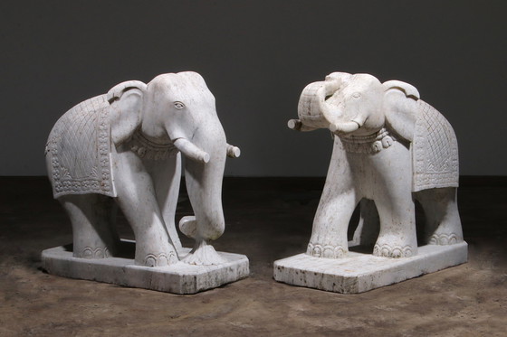 Image 1 of Handcrafted 2 Large Marble Elephant Statues