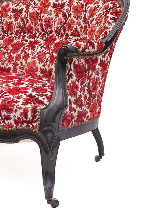 Image 1 of Carved Wood Bench Seat, Silk Velvet, 1930