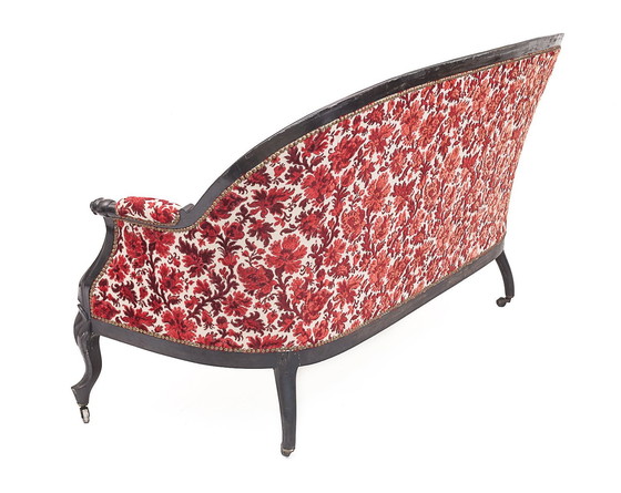 Image 1 of Carved Wood Bench Seat, Silk Velvet, 1930