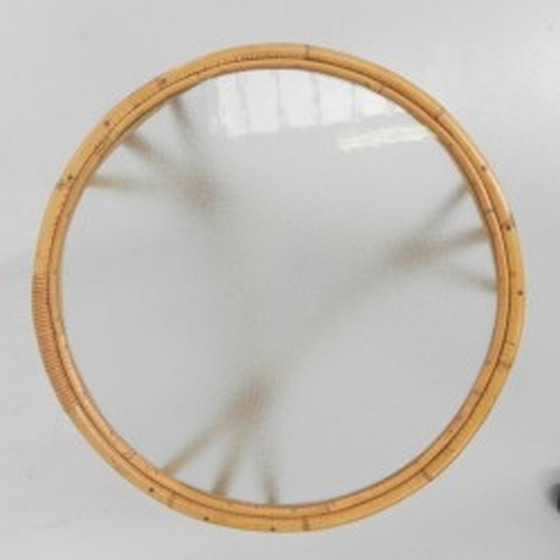 Image 1 of Rattan, Bamboo Coffee Table Round Glass Top - 1950s