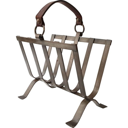 Revistero vintage de acero y cuero, años 70