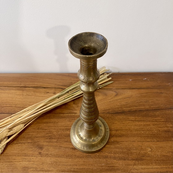 Image 1 of Large Engraved Brass Candle Holder