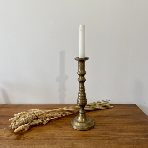 Large Engraved Brass Candle Holder