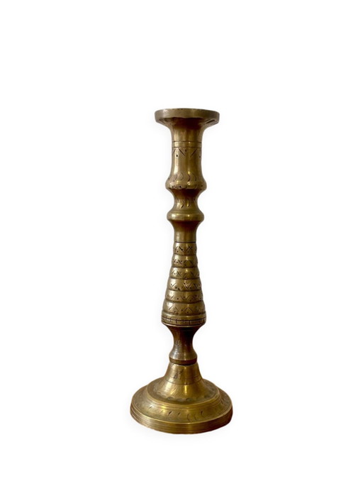 Large Engraved Brass Candle Holder